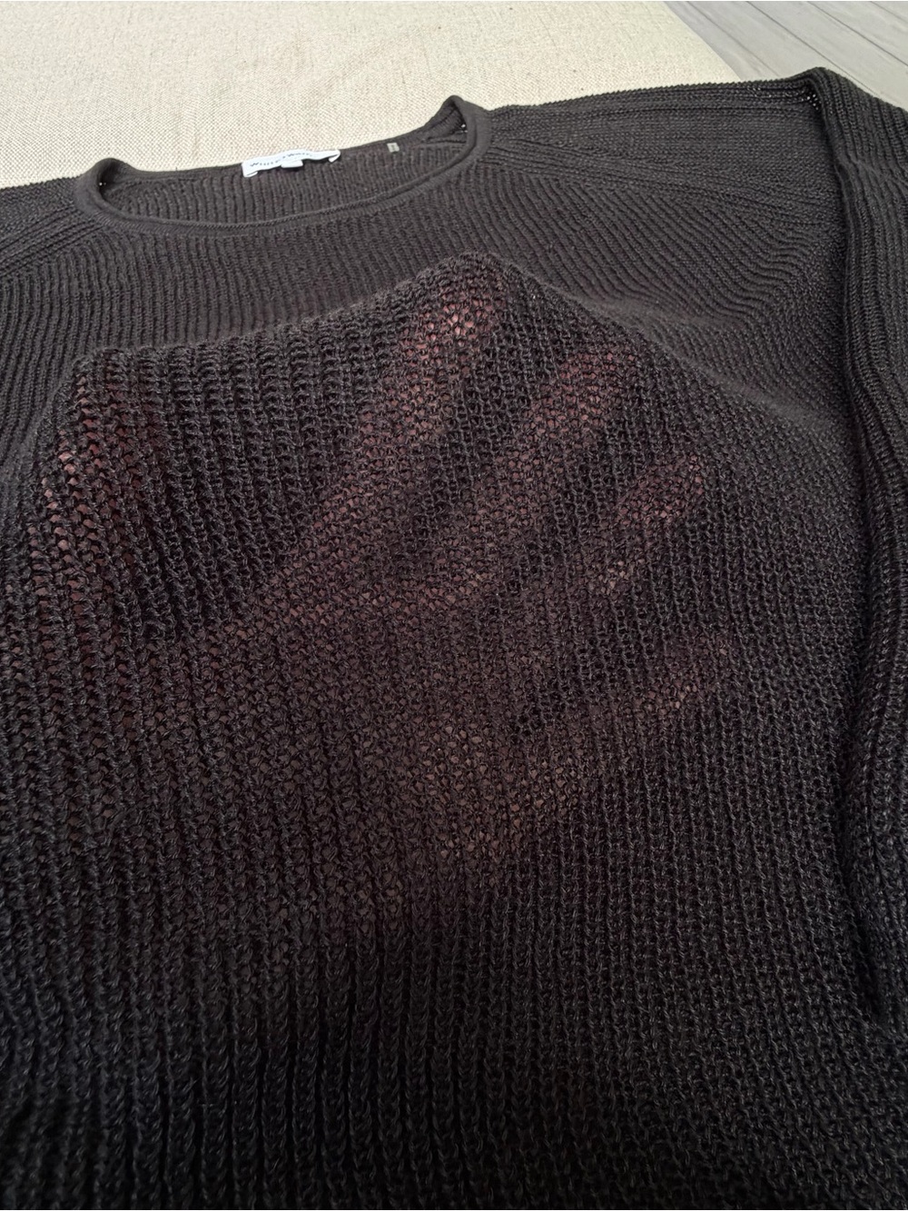 White + Warren Linen Crochet MeshKnit Sweater Black Lightweight Raglan Womens  L